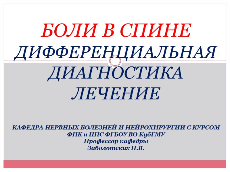 БОЛИ В СПИНЕ ДИФФЕРЕНЦИАЛЬНАЯ ДИАГНОСТИКА ЛЕЧЕНИЕ  КАФЕДРА НЕРВНЫХ БОЛЕЗНЕЙ И НЕЙРОХИРУРГИИ С КУРСОМ